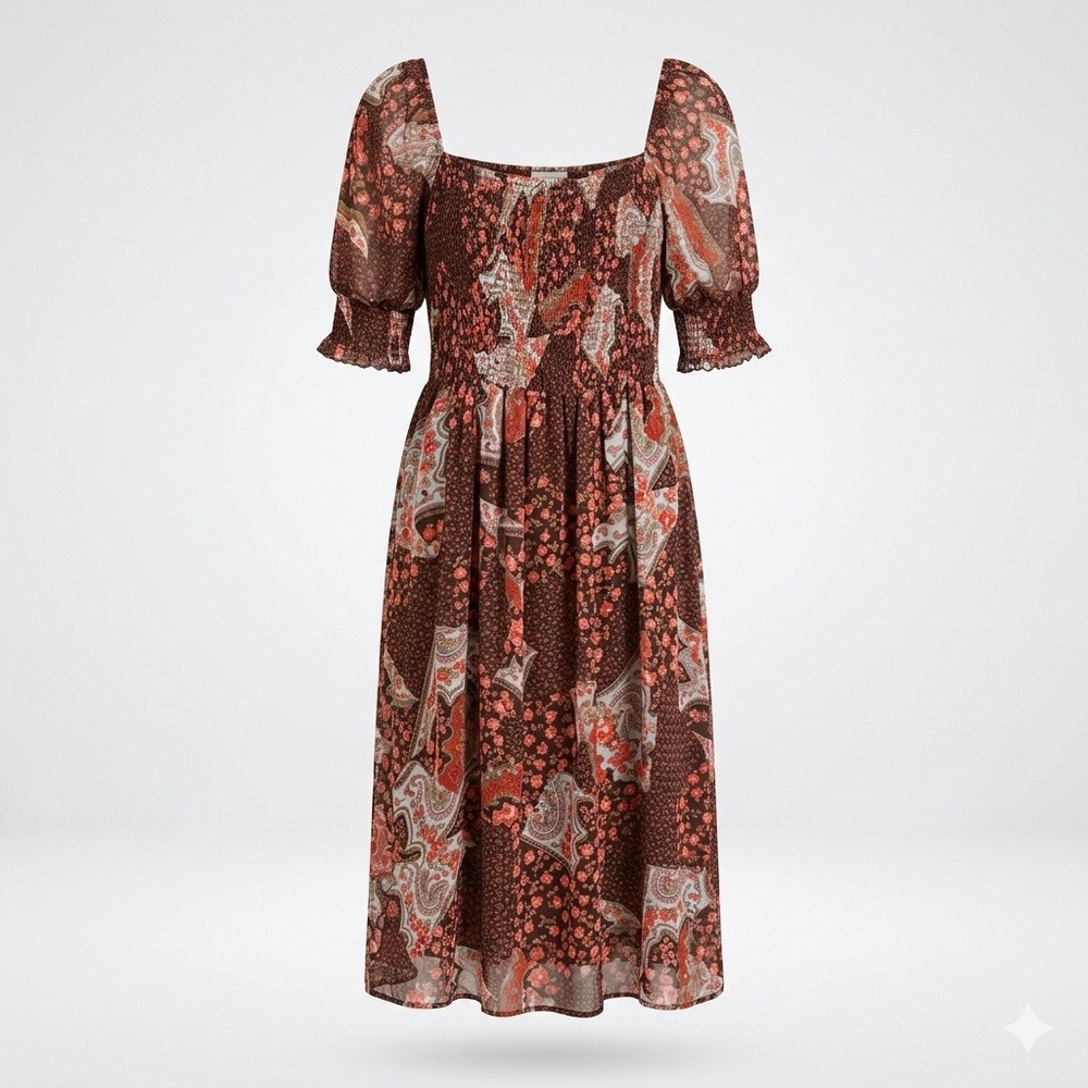 Vila Brown Paisley Floral Smocked Midi Dress 10 M EU 42 Cottage Earthy Romantic